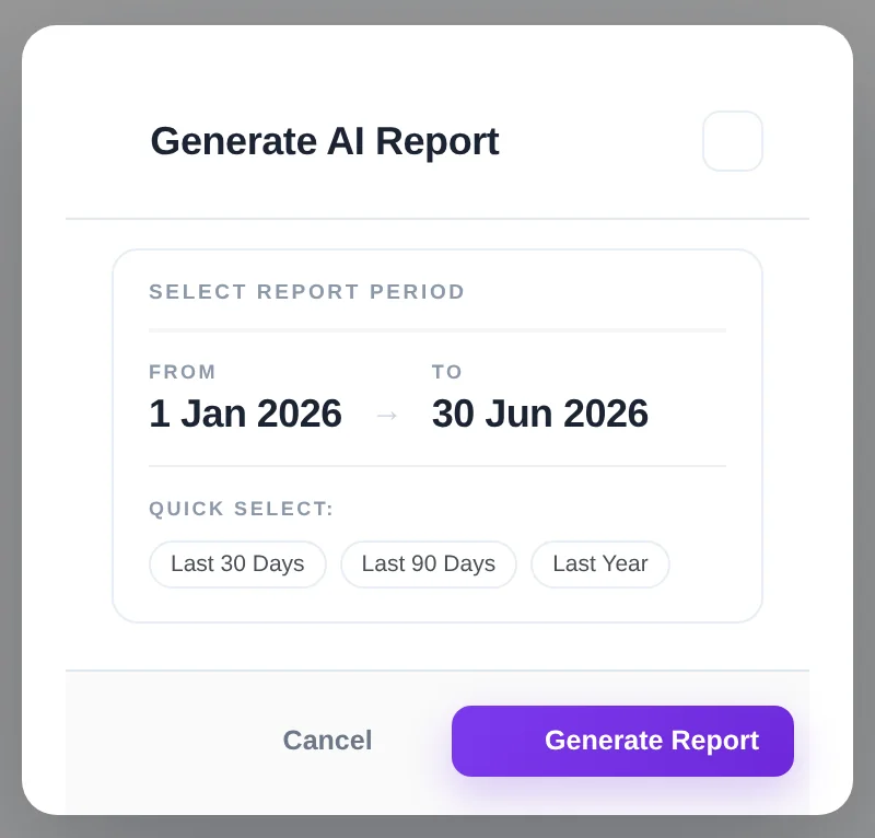 The Generate AI Report dialog in SpectoQ, choosing the reporting period