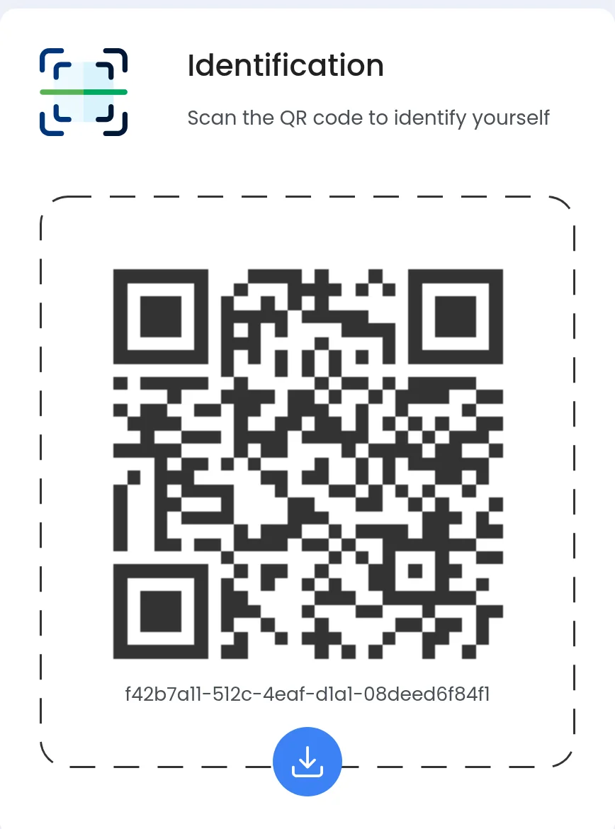 The Identification card from a student's account, telling them to scan the QR code to identify themselves, with the code inside a dashed frame, the id printed under it and a download button.