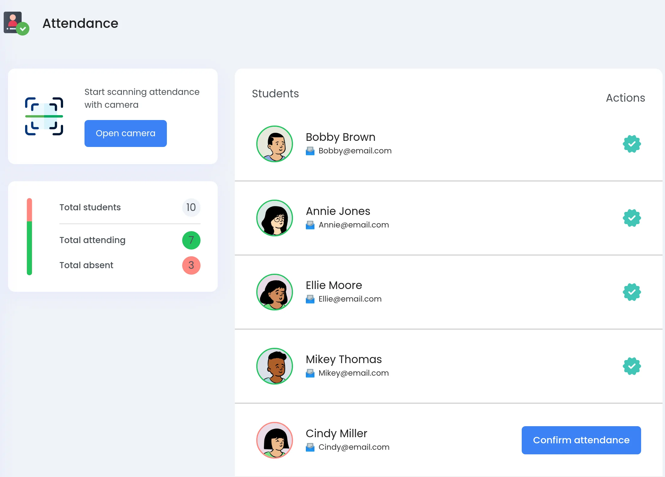 Attendance on the teacher's screen, all in one view: the card that scans with the camera, the tally of ten enrolled, seven attending and three absent, and the roster where four scanned students carry a green ring and a tick and the fifth, unscanned, carries a red ring and a button to confirm attendance by hand.