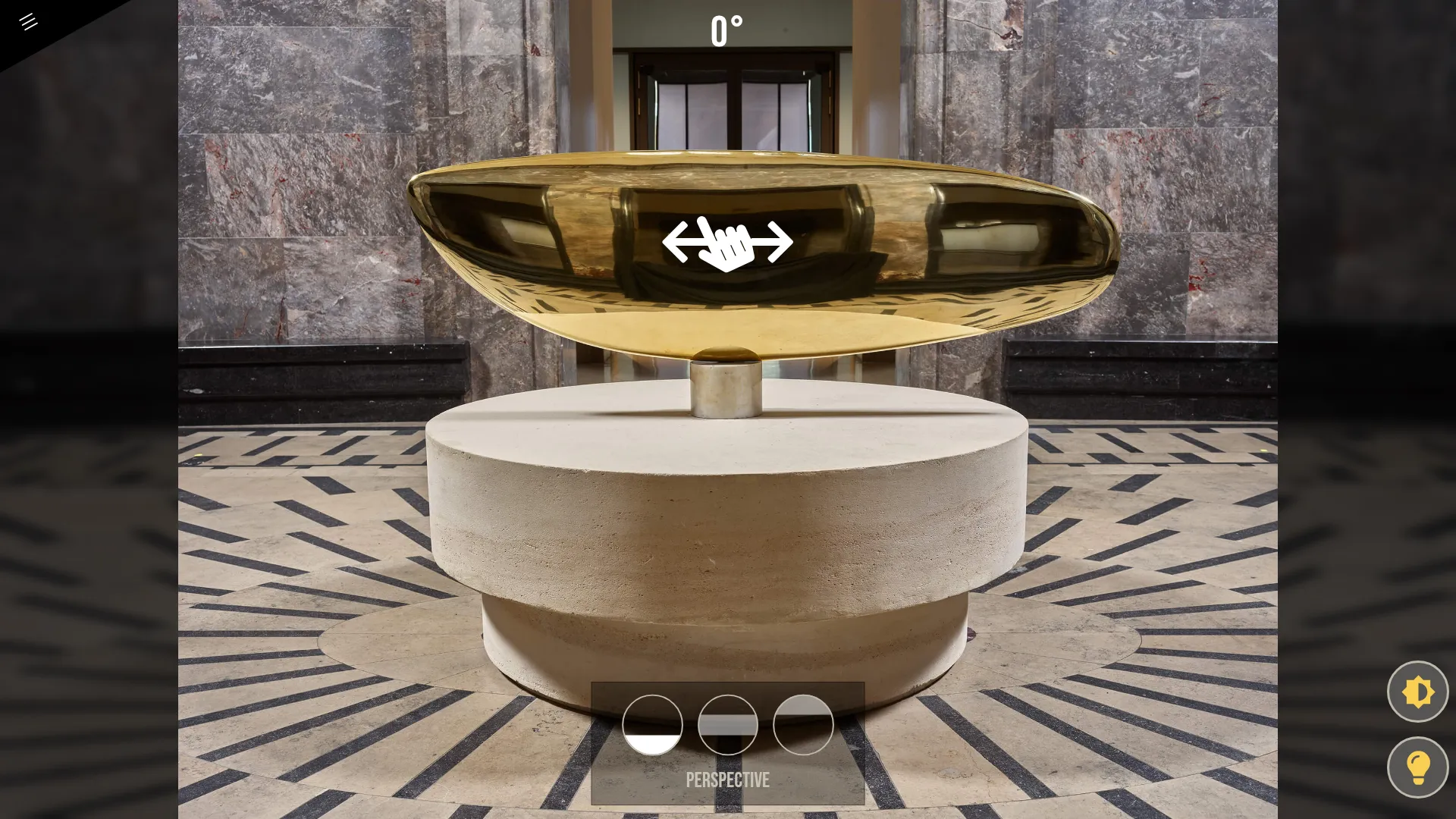 Brâncuși's polished bronze in the museum hall at 0°, with the control for circling the sculpture.
