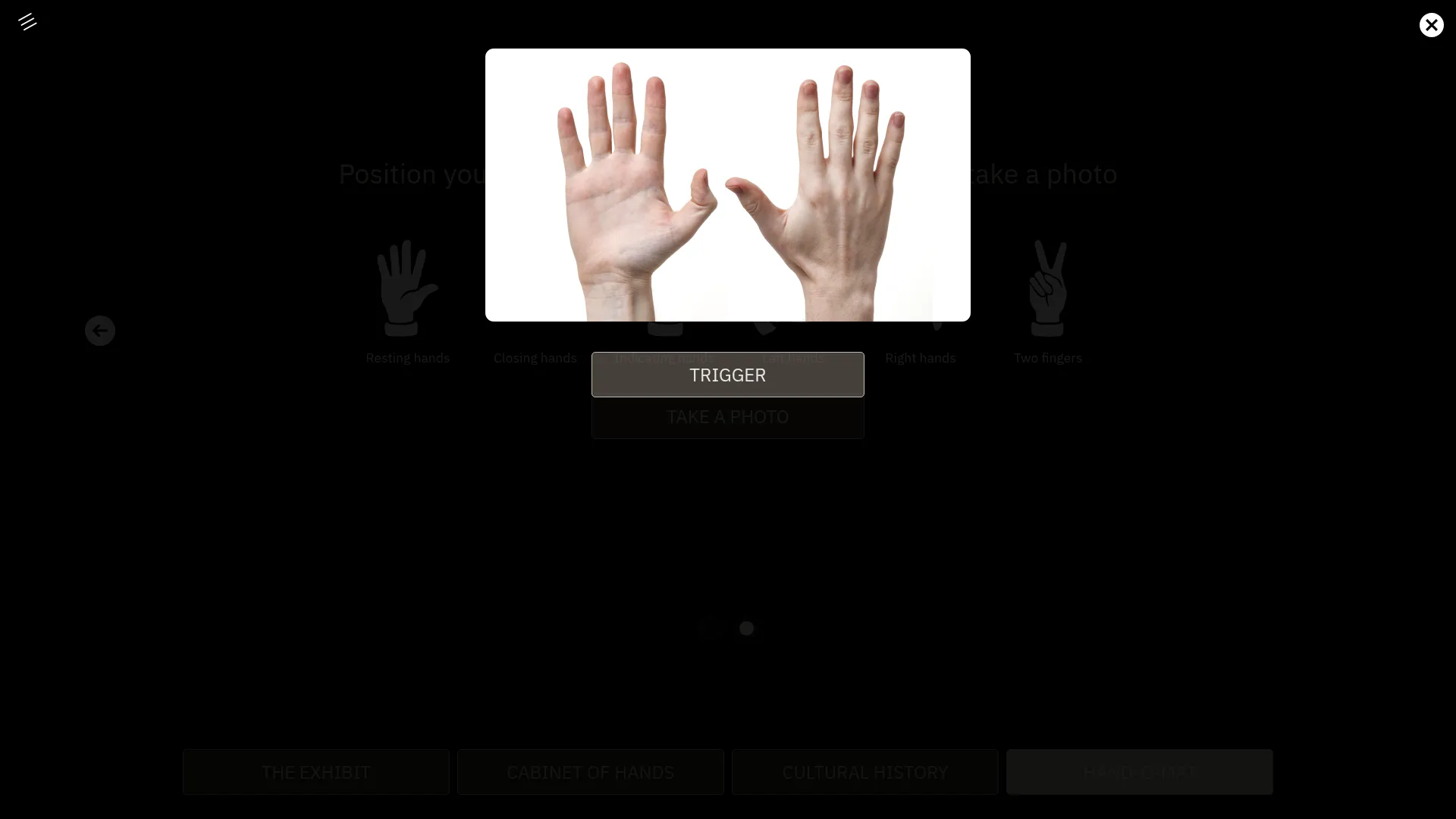 The visitor's hands in the kiosk camera's viewfinder, with the trigger.