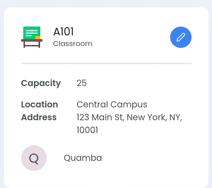 The classroom card of the same session, room A101, a capacity of twenty five, and the campus and street address it sits at.