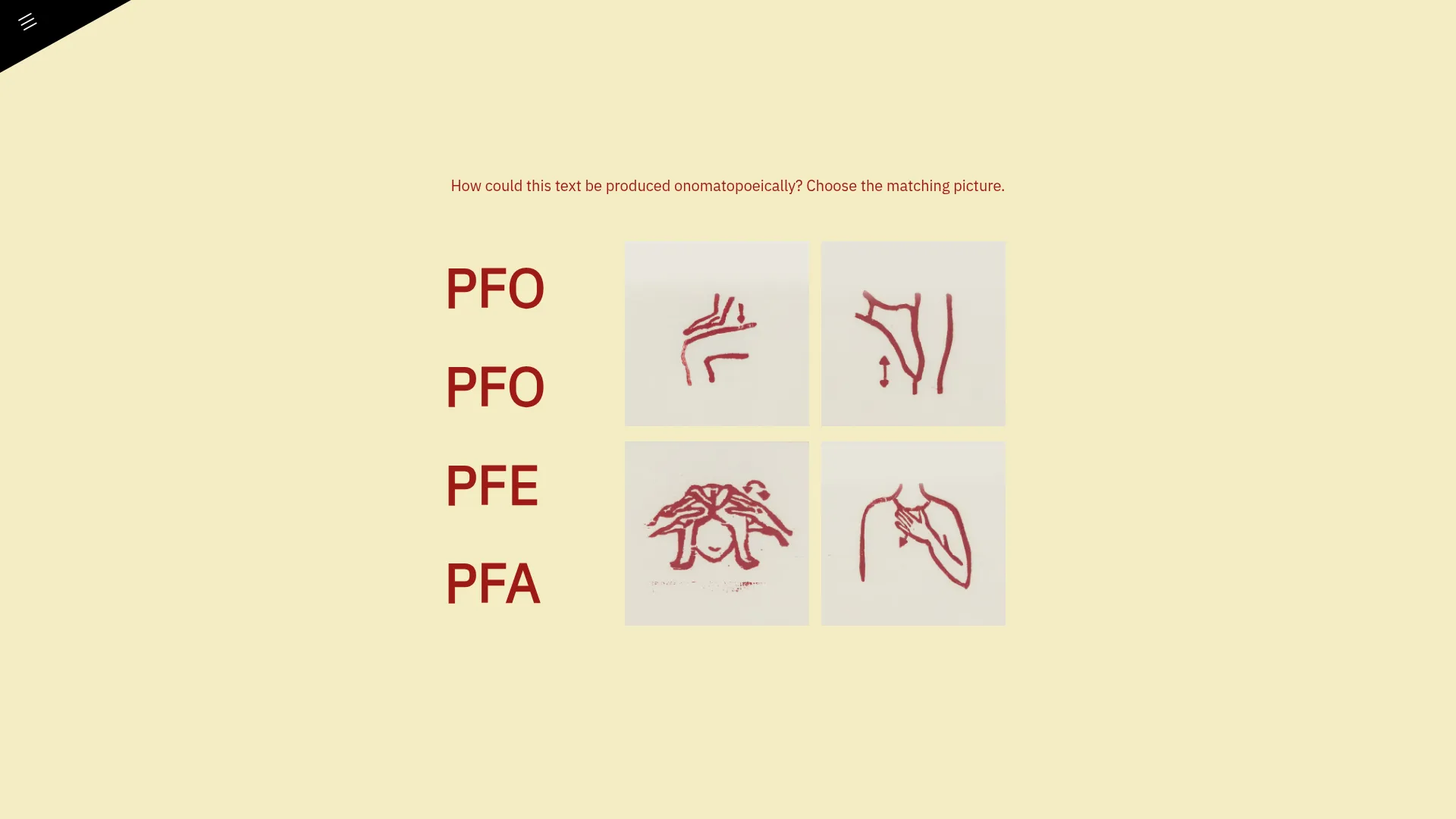 A sound poem written out beside four pictograms, one of which is the one that matches it.